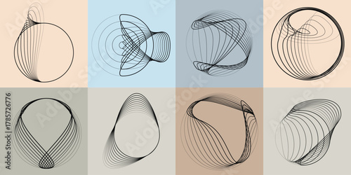 Abstract visual harmony of circles and curved lines , perfect for digital branding. Linear circular art with balanced curves ideal for posters, packaging and web design. Vector rotational shapes set.