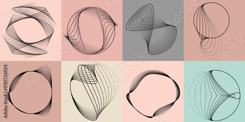 Abstract visual harmony of circles and curved lines , perfect for digital branding. Linear circular art with balanced curves ideal for posters, packaging and web design. Vector rotational shapes set.