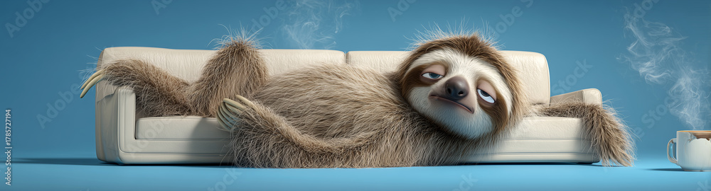Obraz premium A sleepy and grumpy cartoon sloth lying on a white leather sofa while holding a steaming coffee cup against a blue background with copy space, messy fur, and a deep Monday morning mood. Generative Ai.