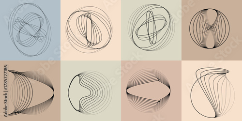Modern geometric composition of intersecting line circles and smooth rotational curves.Elegant linear geometry made of overlapping circular blends, perfect for posters and packaging. Vector