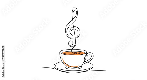 A Continuous One Line Drawing of a Steaming Coffee Cup with a Treble Clef in the Steam