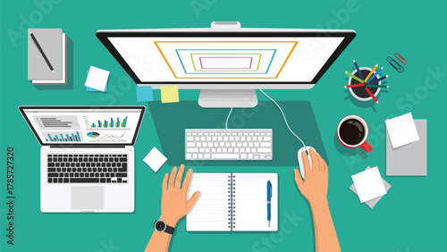 Modern Office Desk Top View Flat Lay Illustration. Workspace Vector Design with Computer, Laptop, Hands, Coffee, and Business Supplies.