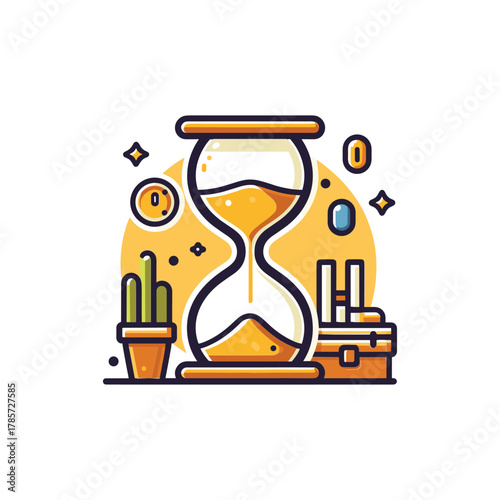 An illustration of an hourglass with surrounding objects, representing time and concepts.