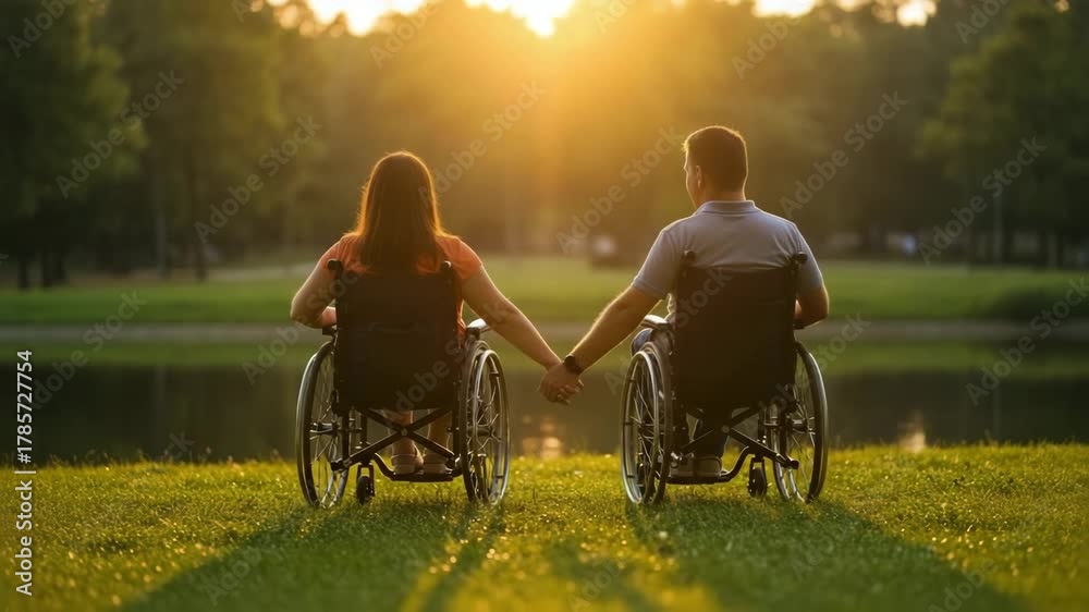 Couple wheelchairs holding hands park sunset, disability love ...
