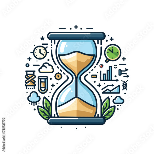 An illustration of an hourglass surrounded by various icons representing time management, data analysis, and scientific research.