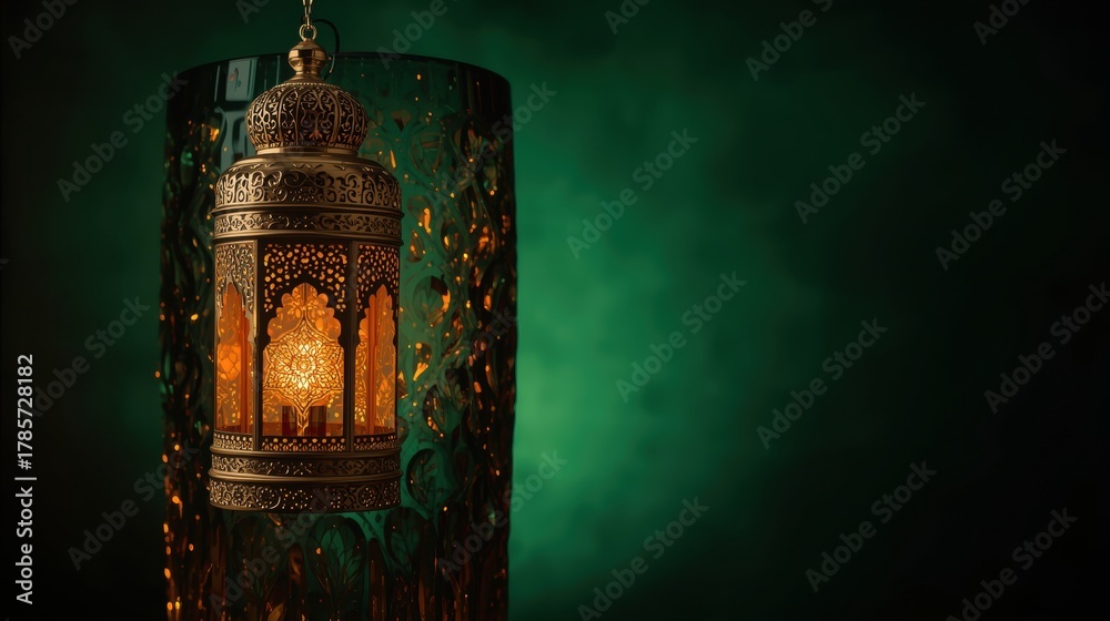 Fototapeta premium Traditional islamic lantern glowing warmly against dark green background