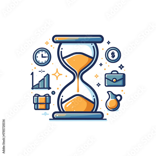 Hourglass with business icons symbolizing time management and financial growth.