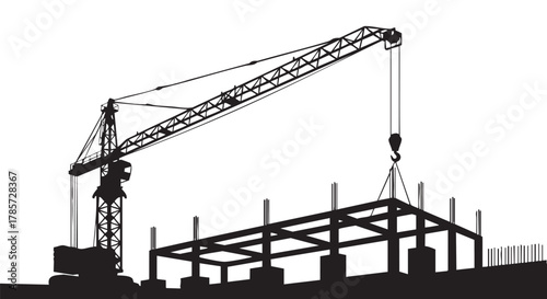 A construction crane silhouette lifts a steel framework, representing building and infrastructure development against a white backdrop.