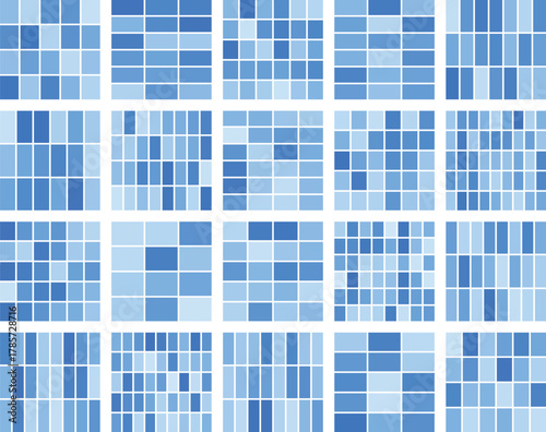 Diverse blue grid patterns, digital information processing concept background.