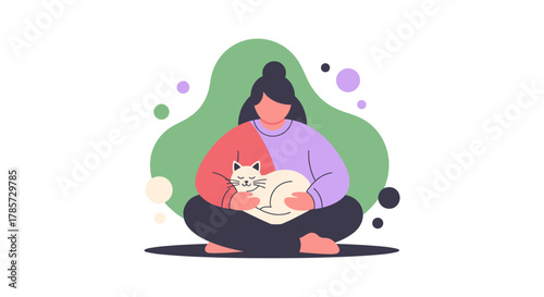 A serene illustration depicts a woman sitting cross-legged, embracing a fluffy white cat, symbolizing comfort and companionship in a peaceful moment.