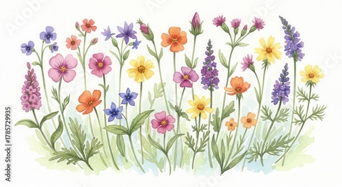Watercolor painting of colorful spring wildflowers