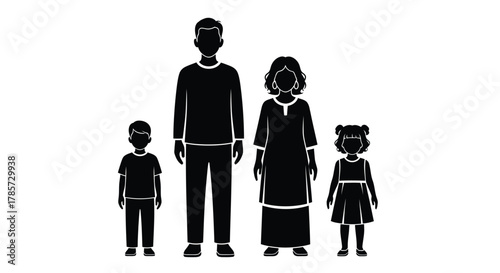 Lovely family standing together in black silhouette on white background