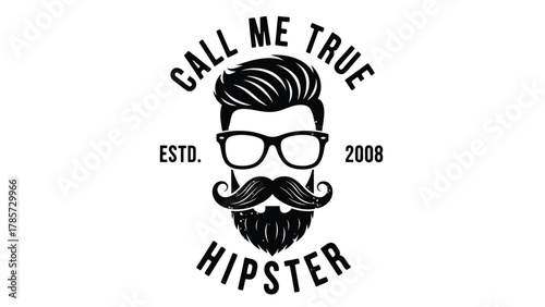 Vintage Hipster Style Badge Vector Illustration with Moustache, Beard, Glasses, and Modern Hairstyle