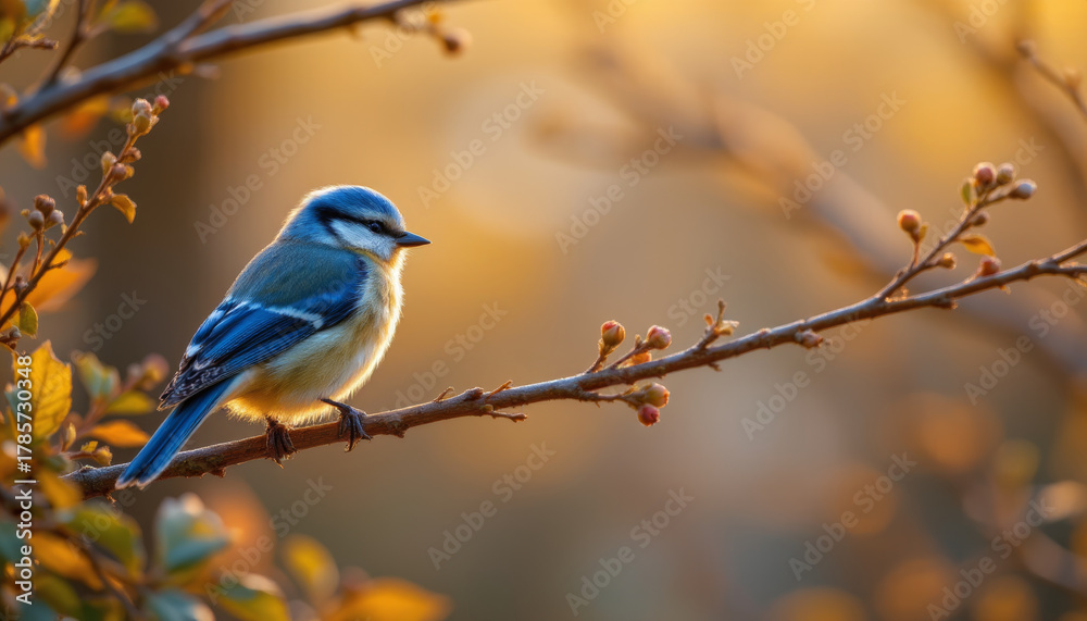 Obraz premium Blue bird perched on branch with soft warm light and autumn leaves creating peaceful scene