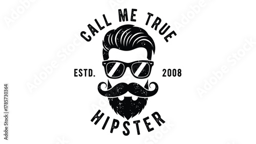 Vintage Hipster Man Emblem Vector Illustration with Moustache, Beard, and Sunglasses