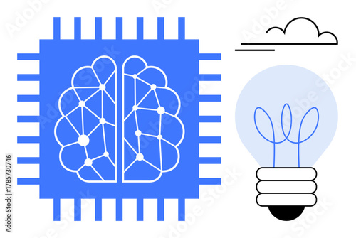 Brain integrated with circuit board illustrating AI, innovation, and machine learning combined with lightbulb for creativity. Ideal for AI, technology, innovation, neural networks, energy, science