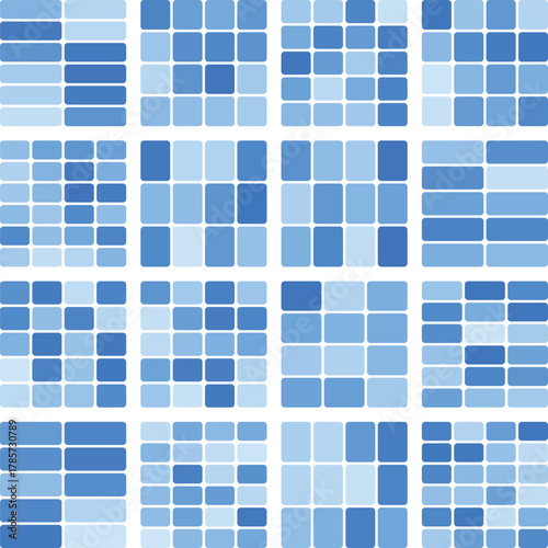 Abstract blue geometric grid pattern with varying rectangular shapes on white