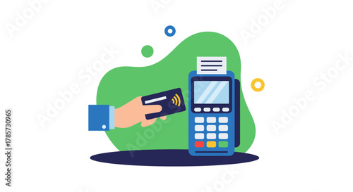 A person using a credit card to make a contactless payment at a point-of-sale terminal with a green and blue background.