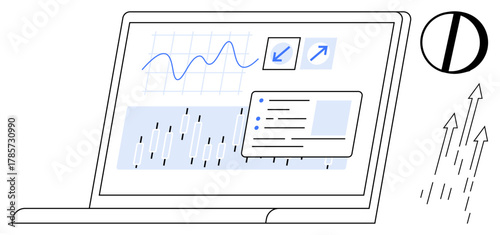Laptop displaying a detailed analytics dashboard with charts, graphs, and performance metrics. Ideal for business, data management, finance, strategy, growth, technology innovation simple flat