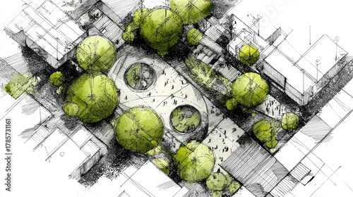 Architectural drawing showing a visionary master plan for urban development, highlighting green infrastructure, pedestrian areas, and modern architecture in a top down perspective