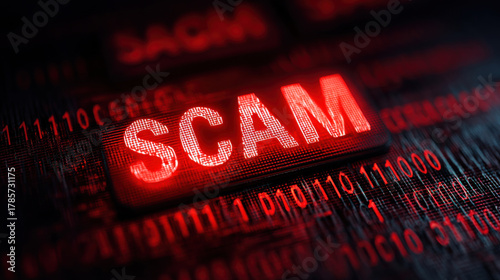 Conceptual image depicting the word scam in red lights amid binary codes, representing online fraud and deception.