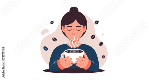 A woman enjoys the aroma of a steaming cup of coffee, surrounded by floating coffee beans, in a cozy, minimalist illustration.