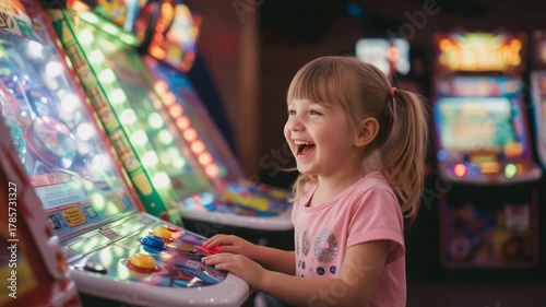 Girl playing colorful arcade game with bright buttons. Retro arcade, kids gaming, family fun center, amusement arcade, game room, children entertainment, birthday party, arcade machine, game zone fun