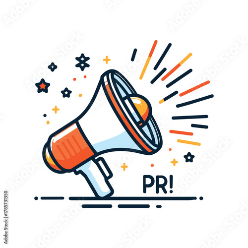 A stylized illustration of a megaphone with the letters "PR!" prominently displayed, symbolizing public relations and announcements.