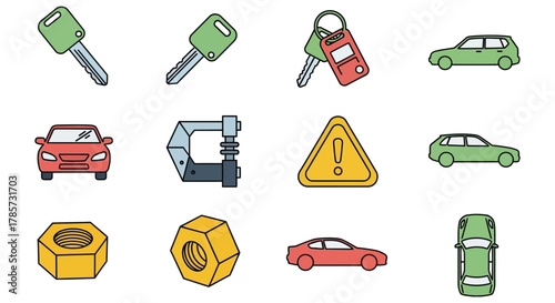 Automotive parts and cars icons for your design needs with keys and bolts