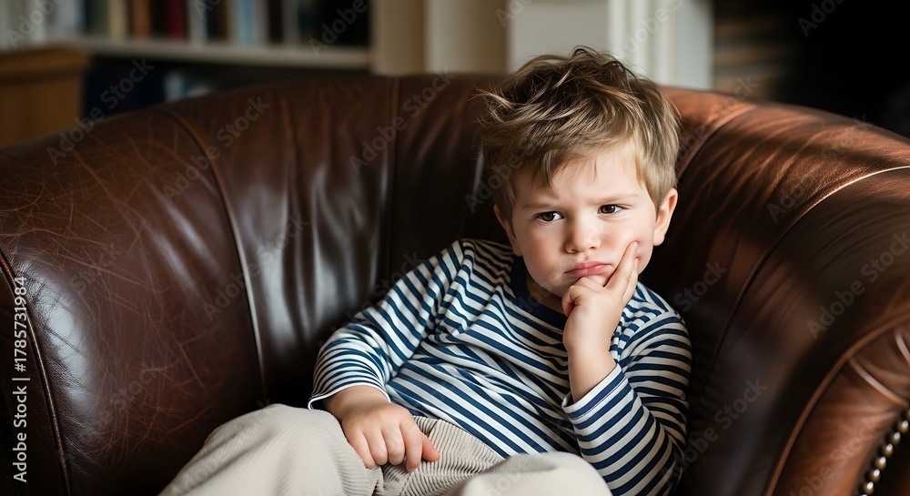 Obraz premium Pensive young boy sitting on a leather couch indoors.