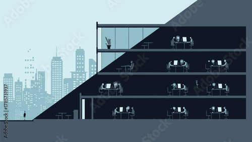 Late Night Working Office Building Cross Section Vector Illustration. Corporate Employees Staying Late for Overtime Work Against City Skyline Background.