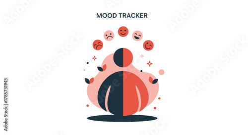 A conceptual illustration depicting mood tracking, featuring a person split with different emotions, showcasing feelings and mental health.