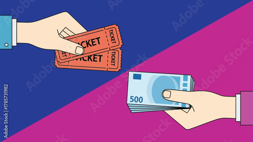 Buying Tickets with Money Illustration: Hand Exchange of Euro Banknotes for Event Tickets