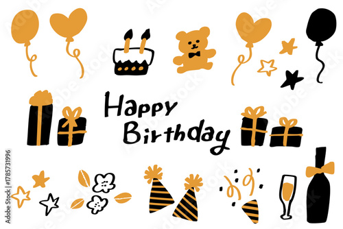 手描き風バースデーアイコンセット／風船・ケーキ・ギフト・パーティー飾り