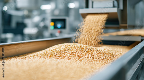 Grains are processed in a modern facility, showcasing efficiency and technology in food production.