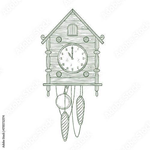 Cuckoo Clock with pendulums vintage engraving vector illustration for retro Christmas greeting cards or New Year invitations. Etching of wooden decor for nostalgic home design painted black inks.