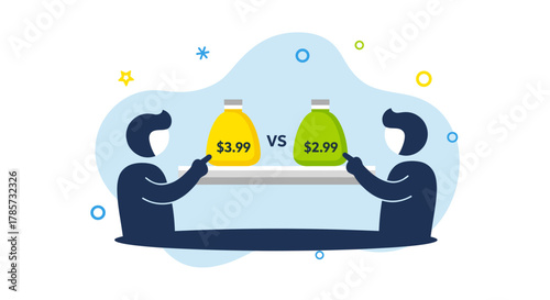 Two individuals, silhouetted, compare the prices of juice bottles, one costing more, highlighting a purchasing decision in a modern design.