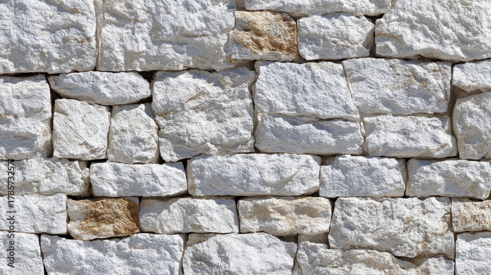 Fototapeta premium White limestone wall texture creating a rustic stacked stone background, natural irregular rock surface providing a robust architectural pattern for construction and design