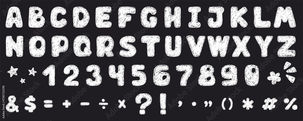 White chalk pencil hand drawn kid font design. English alphabet crayon letter and number. Playful drawing art for school projects or learning. Children vector illustration of chalk pastel typography.