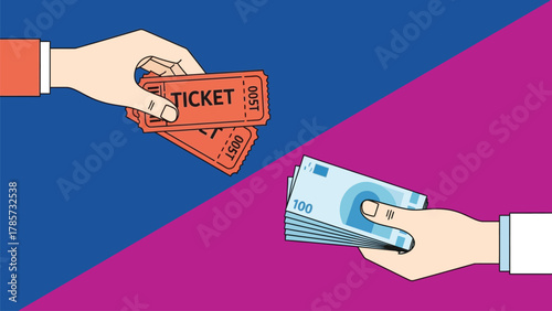 Vector illustration of hands exchanging tickets for money (banknotes), symbolizing transaction, purchase, buying event entry, or selling admission