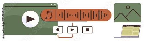 Media player window, soundwave bar, play buttons, image thumbnail, and open laptop. Ideal for content creation, video editing, audio design, media production music streaming visual communication