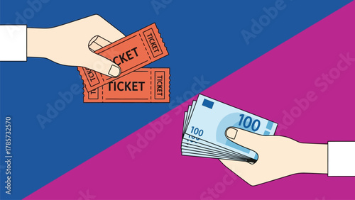 Exchange of Event Tickets for Euro Money - Financial Transaction Vector Illustration