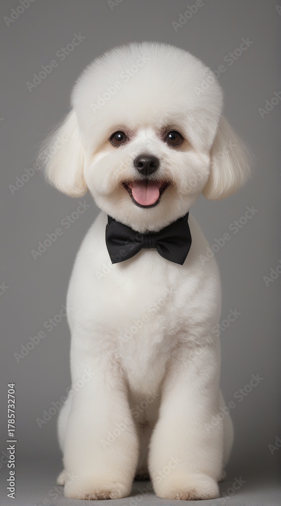 Obraz premium A cute white poodle sits proudly, wearing a black bow tie and smiling happily.