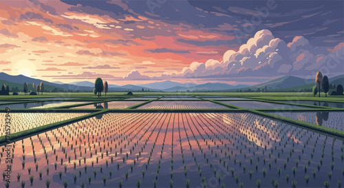 A serene rice paddy field reflects the vibrant colors of a sunset sky with dramatic clouds.