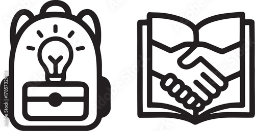 Backpack forming light bulb silhouette, symbol of idea-filled student life, bold design.