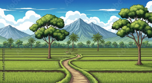 Scenic illustration of a winding path through lush green rice fields, leading towards mountains under a bright blue sky.