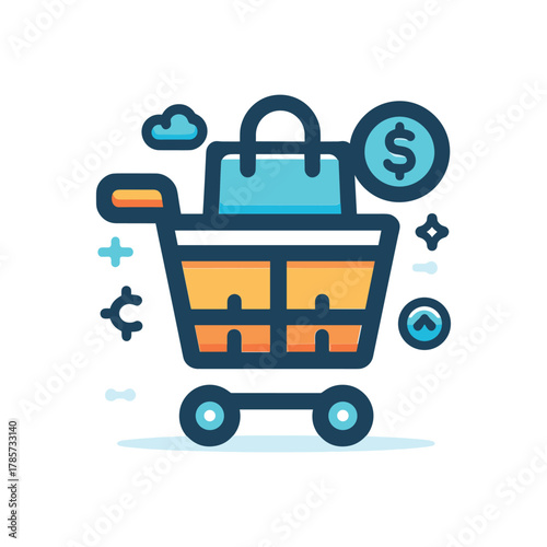 Colorful flat icon of a shopping cart filled with packages, a bag, and currency symbols for e-commerce.