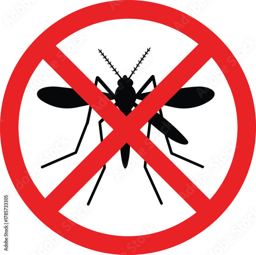 Mosquito control symbol, insect prohibition sign, disease prevention icon, red warning circle, anti mosquito graphic, public health, vector illustration