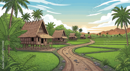 Scenic illustration of a rural village with traditional houses, rice fields, and a winding road under a bright sky.