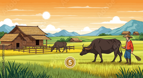 An Asian farmer guides a water buffalo through a lush rice paddy field with a traditional village and mountains in the background at sunrise.